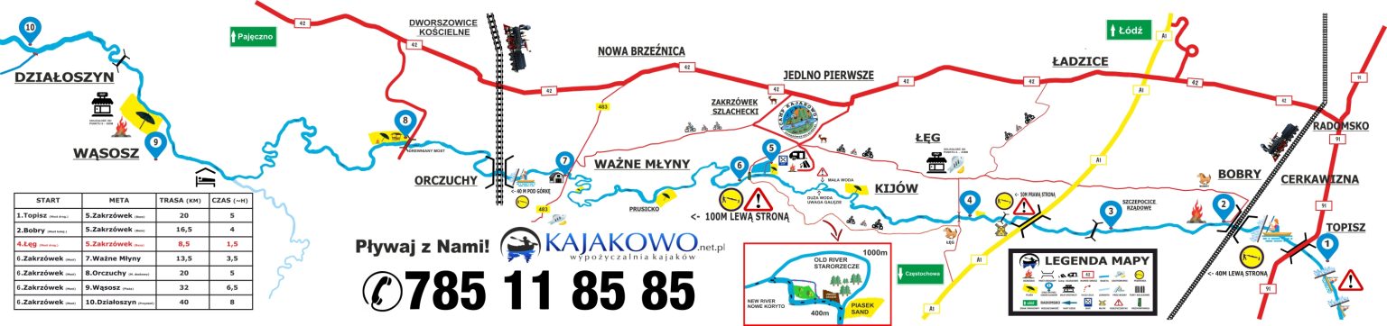 Mapa Spływów Wartą KAJAKOWO spływy kajakowe wypożyczalnia kajaków Wartą i Liswartą