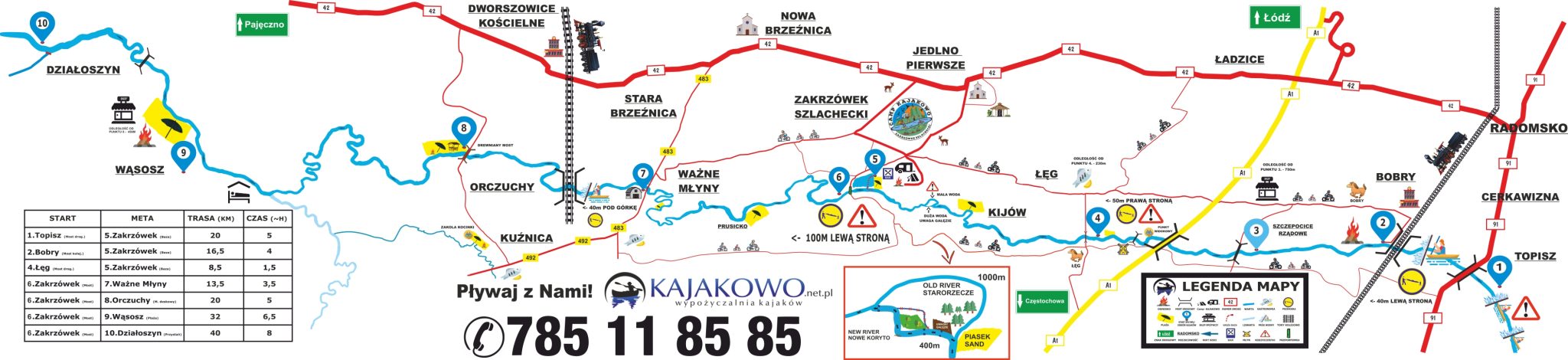 Mapa Spływów Wartą KAJAKOWO spływy kajakowe wypożyczalnia kajaków Wartą i Liswartą 2026